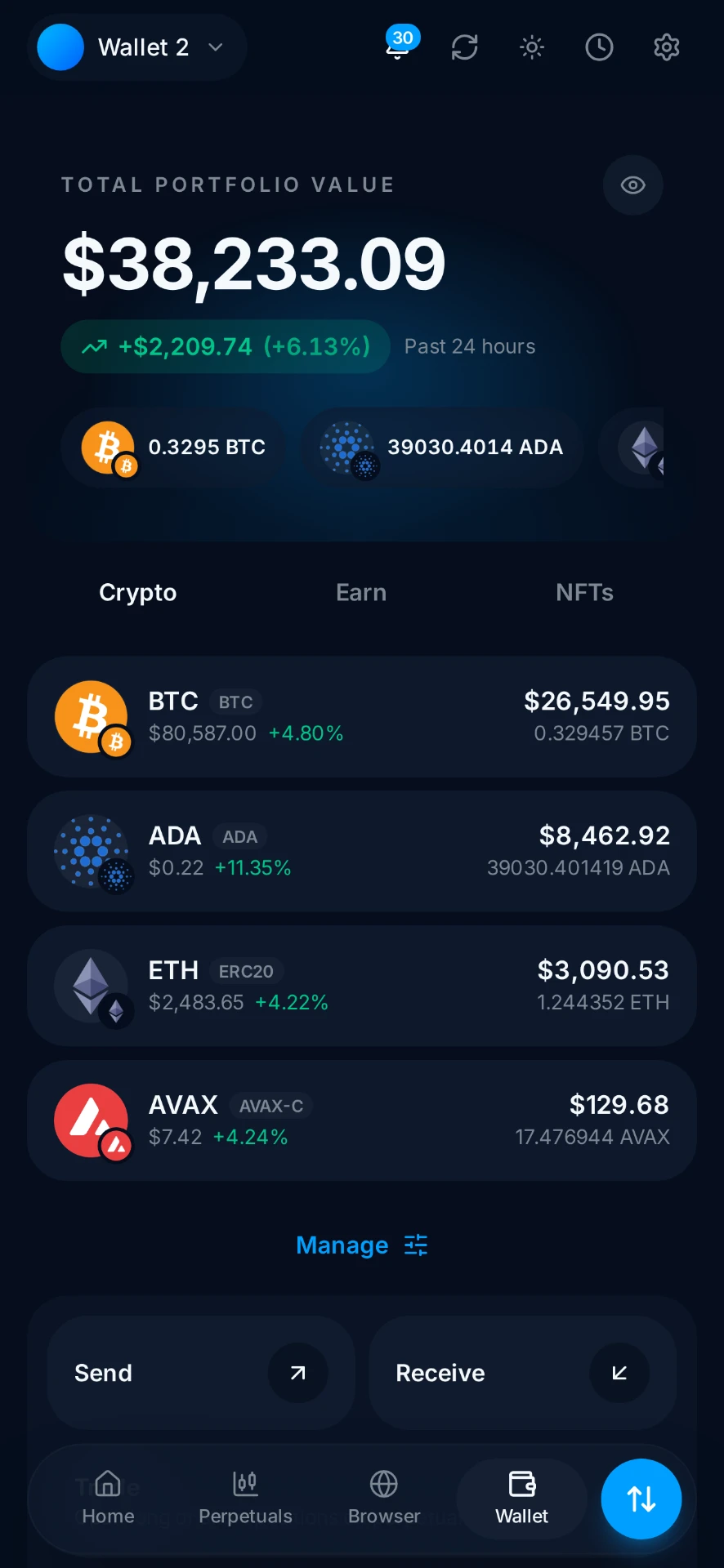 Anonymized client-authorized cryptocurrency wallet balance screenshot shared after an Aegis Financial Forensics blockchain tracing engagement, case reference AFF-009