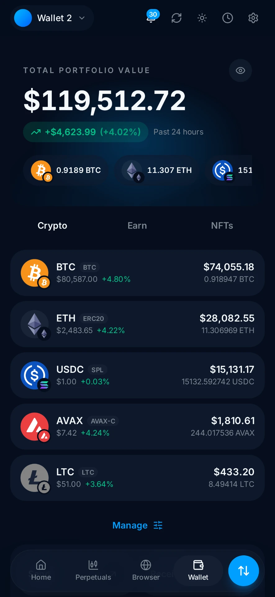 Anonymized client-authorized cryptocurrency wallet balance screenshot shared after an Aegis Financial Forensics blockchain tracing engagement, case reference AFF-006