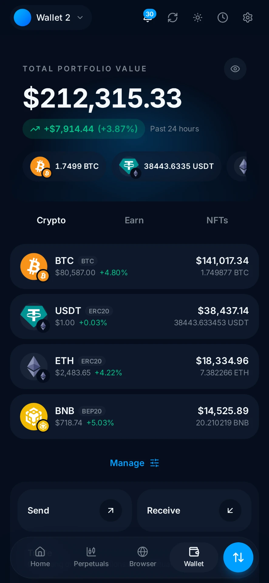 Anonymized client-authorized cryptocurrency wallet balance screenshot shared after an Aegis Financial Forensics blockchain tracing engagement, case reference AFF-012