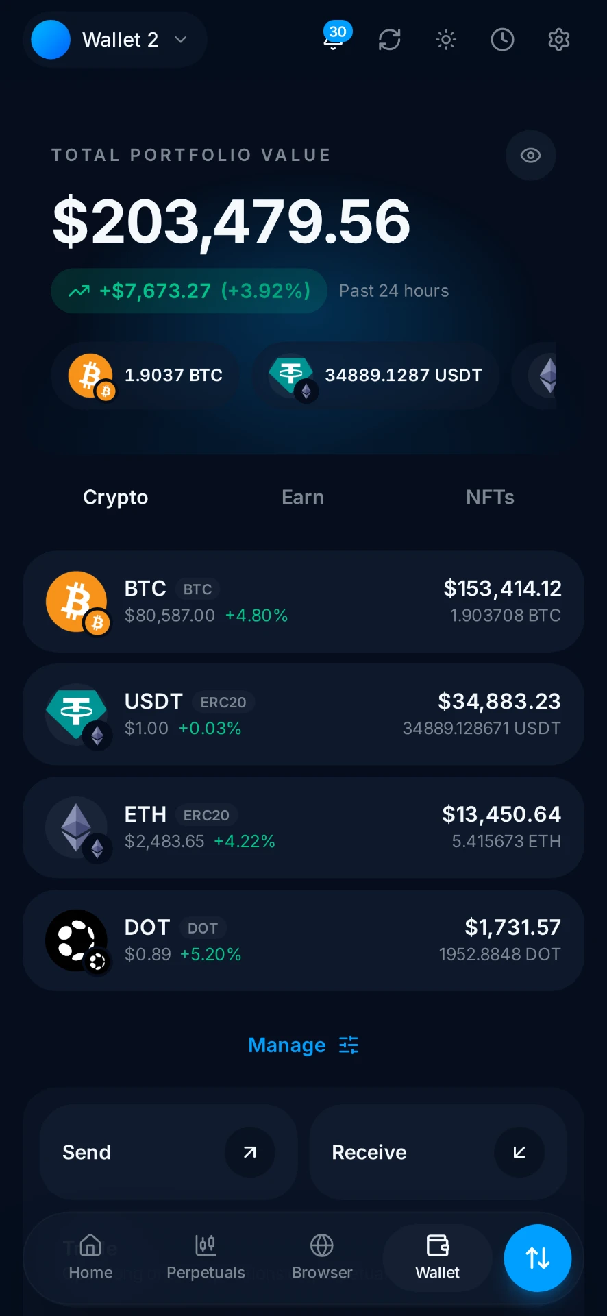 Anonymized client-authorized cryptocurrency wallet balance screenshot shared after an Aegis Financial Forensics blockchain tracing engagement, case reference AFF-005
