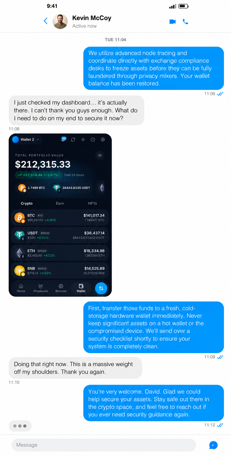 Client-authorized Facebook Messenger conversation about a completed digital-asset tracing engagement, shown with the associated cryptocurrency wallet balance, case reference AFF-015