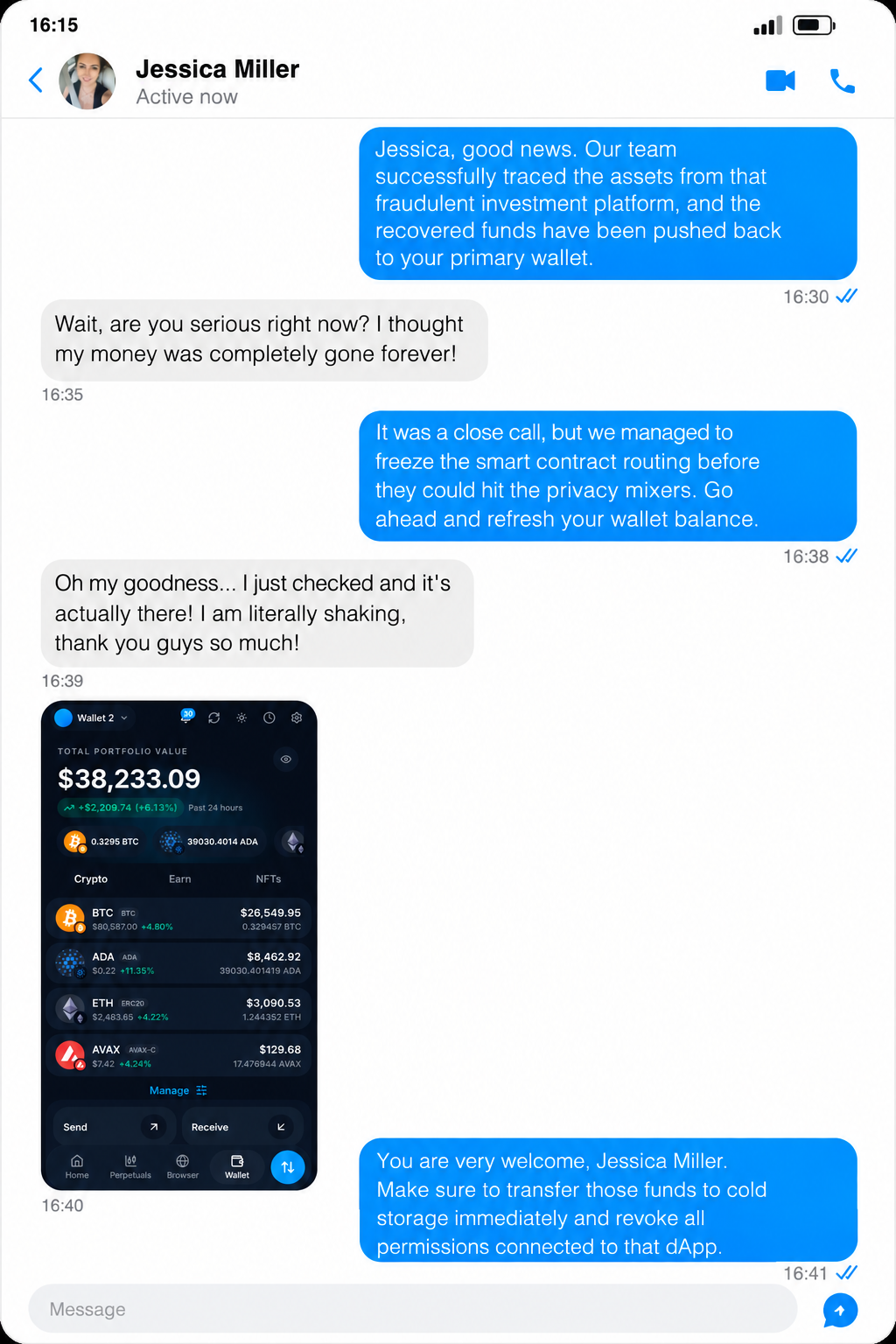 Client-authorized Facebook Messenger conversation about tracing funds from a fraudulent investment platform, shown with the associated cryptocurrency wallet balance, case reference AFF-014
