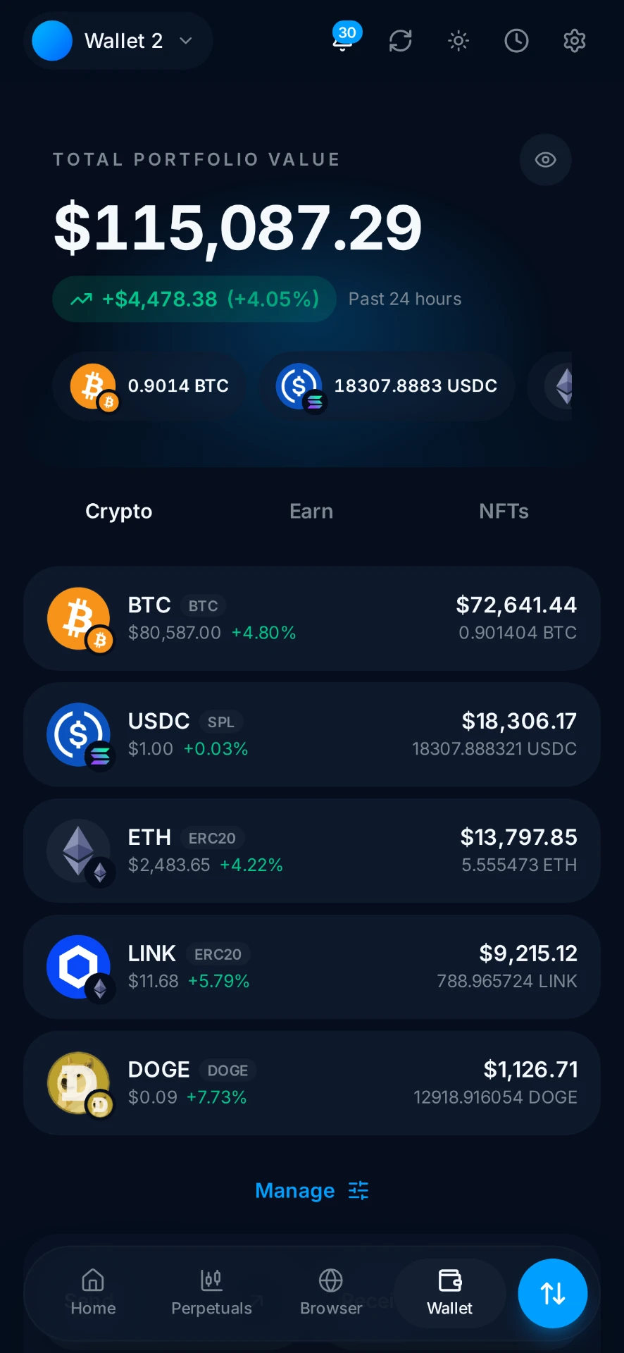 Anonymized client-authorized cryptocurrency wallet balance screenshot shared after an Aegis Financial Forensics blockchain tracing engagement, case reference AFF-001