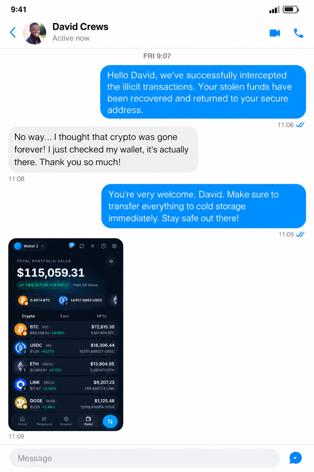 Client-authorized Facebook Messenger conversation about a completed stolen-cryptocurrency tracing engagement, shown with the associated wallet balance, case reference AFF-016
