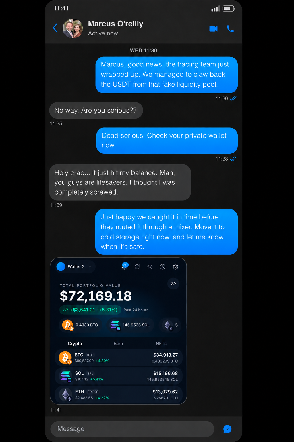 Client-authorized Facebook Messenger conversation about a completed USDT liquidity-pool fraud tracing engagement, shown with the associated cryptocurrency wallet balance, case reference AFF-013