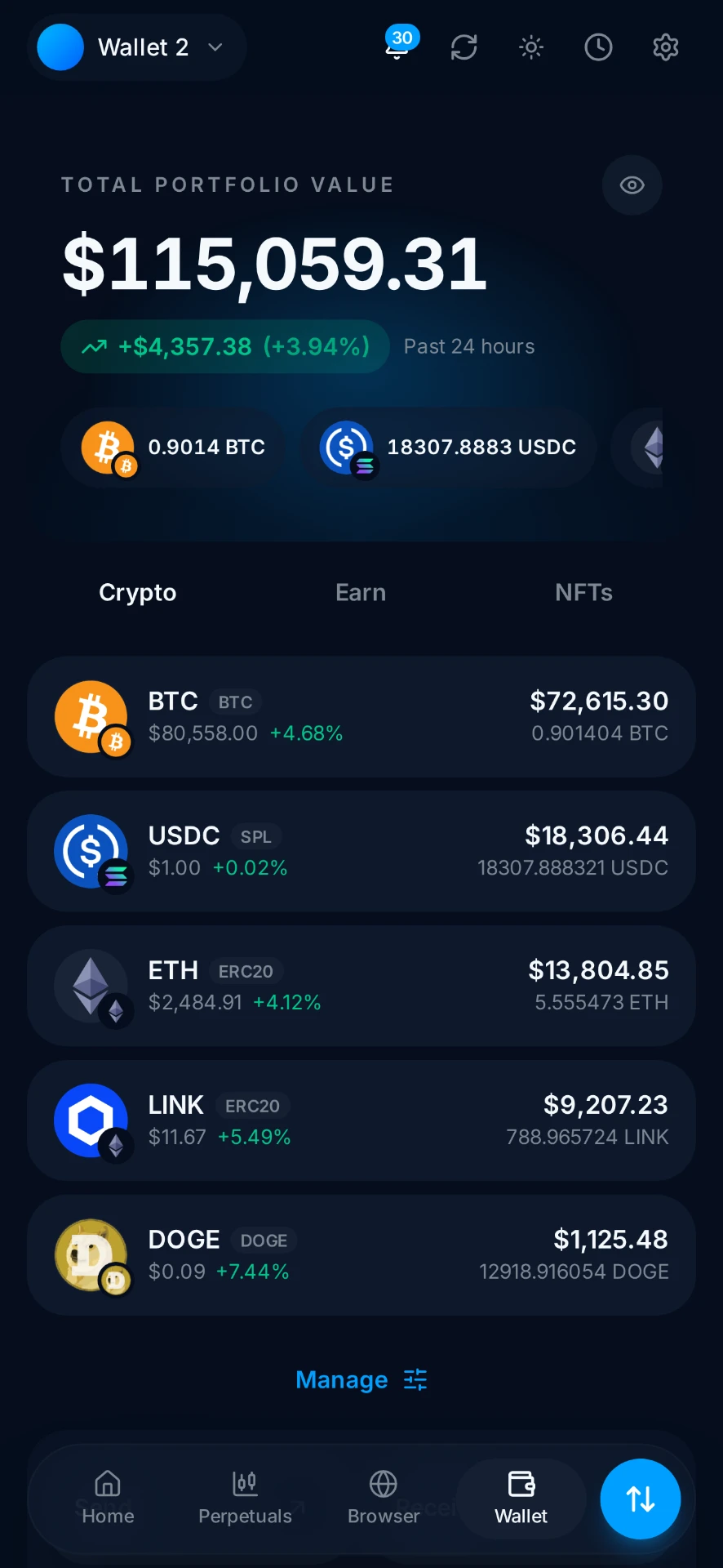 Anonymized client-authorized cryptocurrency wallet balance screenshot shared after an Aegis Financial Forensics blockchain tracing engagement, case reference AFF-011