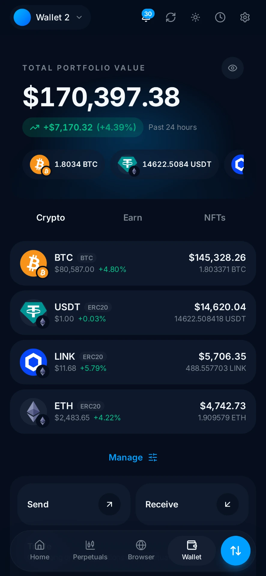 Anonymized client-authorized cryptocurrency wallet balance screenshot shared after an Aegis Financial Forensics blockchain tracing engagement, case reference AFF-004