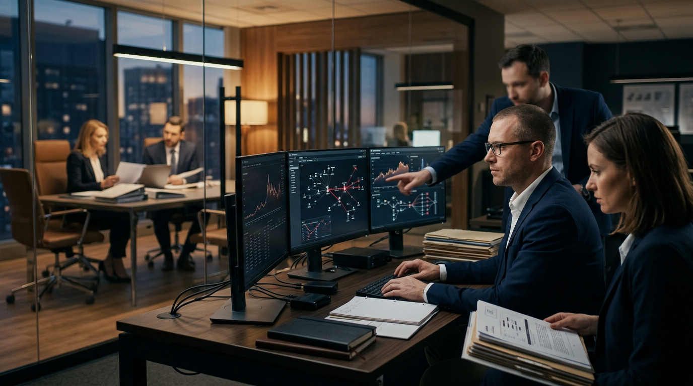 A compliance analyst reviewing aml red flags crypto alerts on a dual-monitor forensic workstation. A compliance analyst reviewing aml red flags crypto alerts on a dual-monitor forensic workstation.