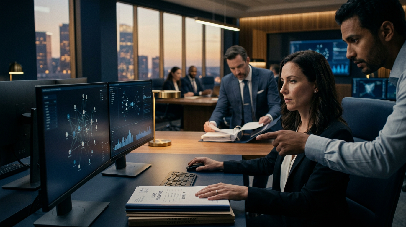 Compliance officer reviewing on-chain aml red flags crypto data on double monitors in a forensic laboratory Compliance officer reviewing on-chain aml red flags crypto data on double monitors in a forensic laboratory