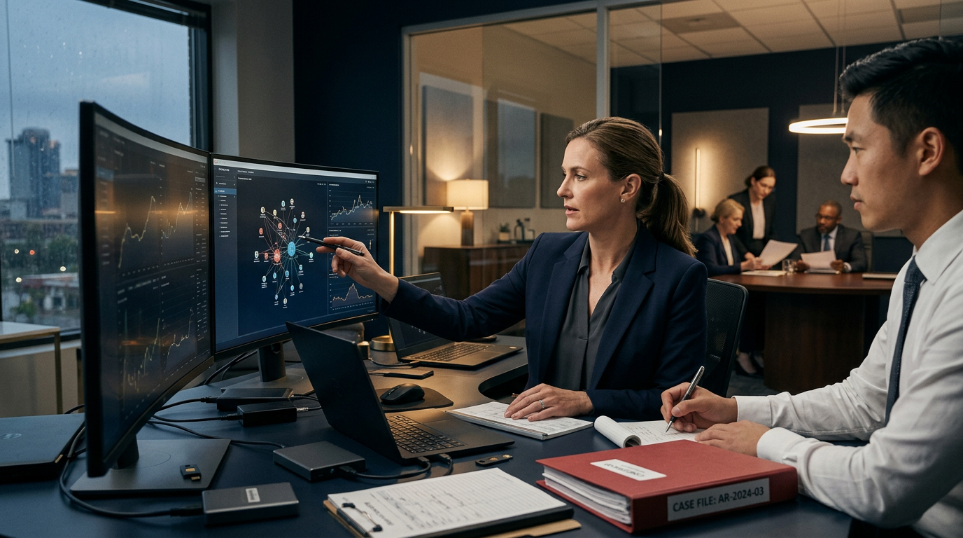 A forensic analyst reviewing Arkansas cryptocurrency fraud reporting requirements documents next to blockchain transaction ma A forensic analyst reviewing Arkansas cryptocurrency fraud reporting requirements documents next to blockchain transaction ma