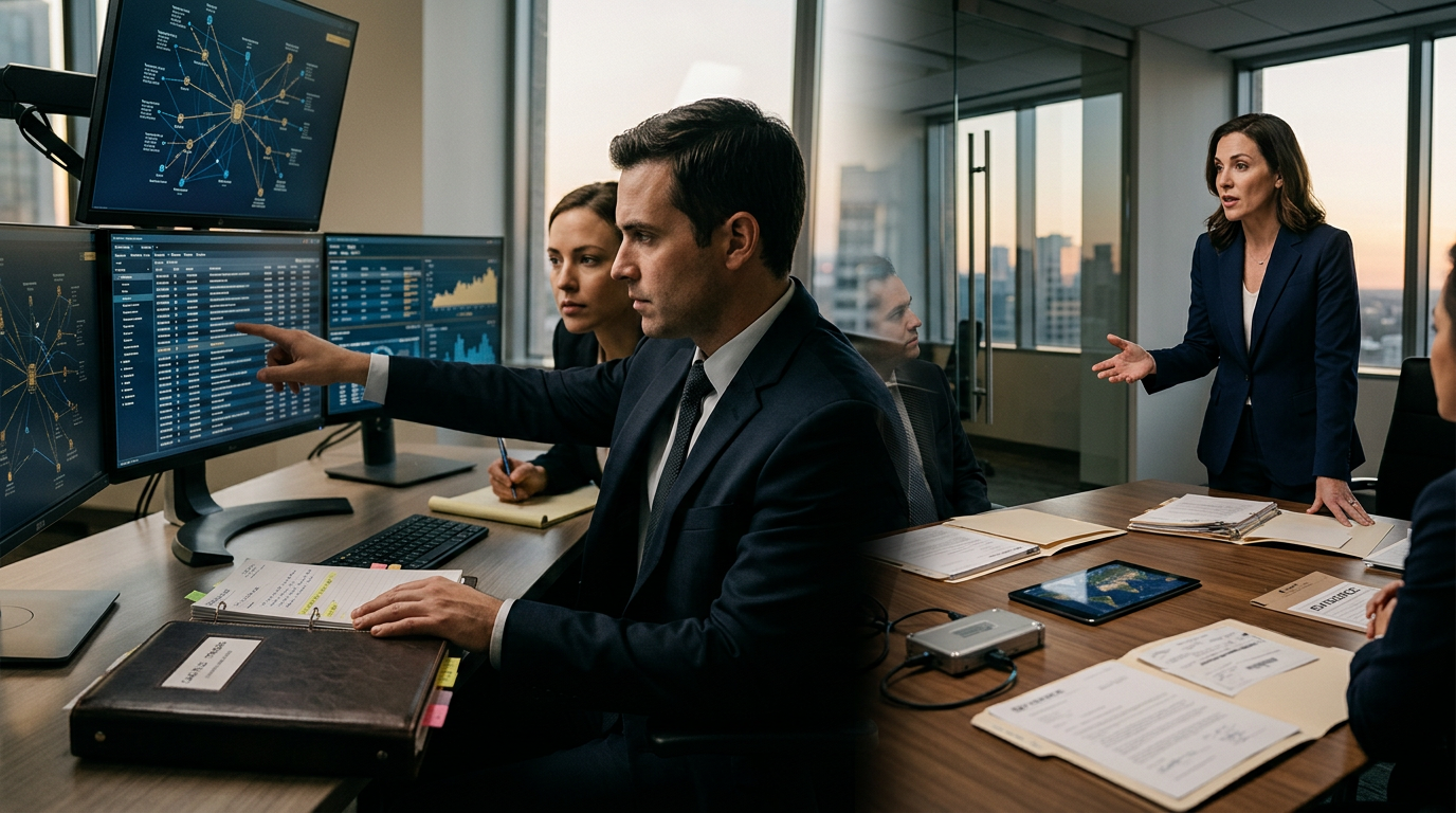 Financial investigator analyzing a bank wire to scam exchange transaction log on dual monitors Financial investigator analyzing a bank wire to scam exchange transaction log on dual monitors