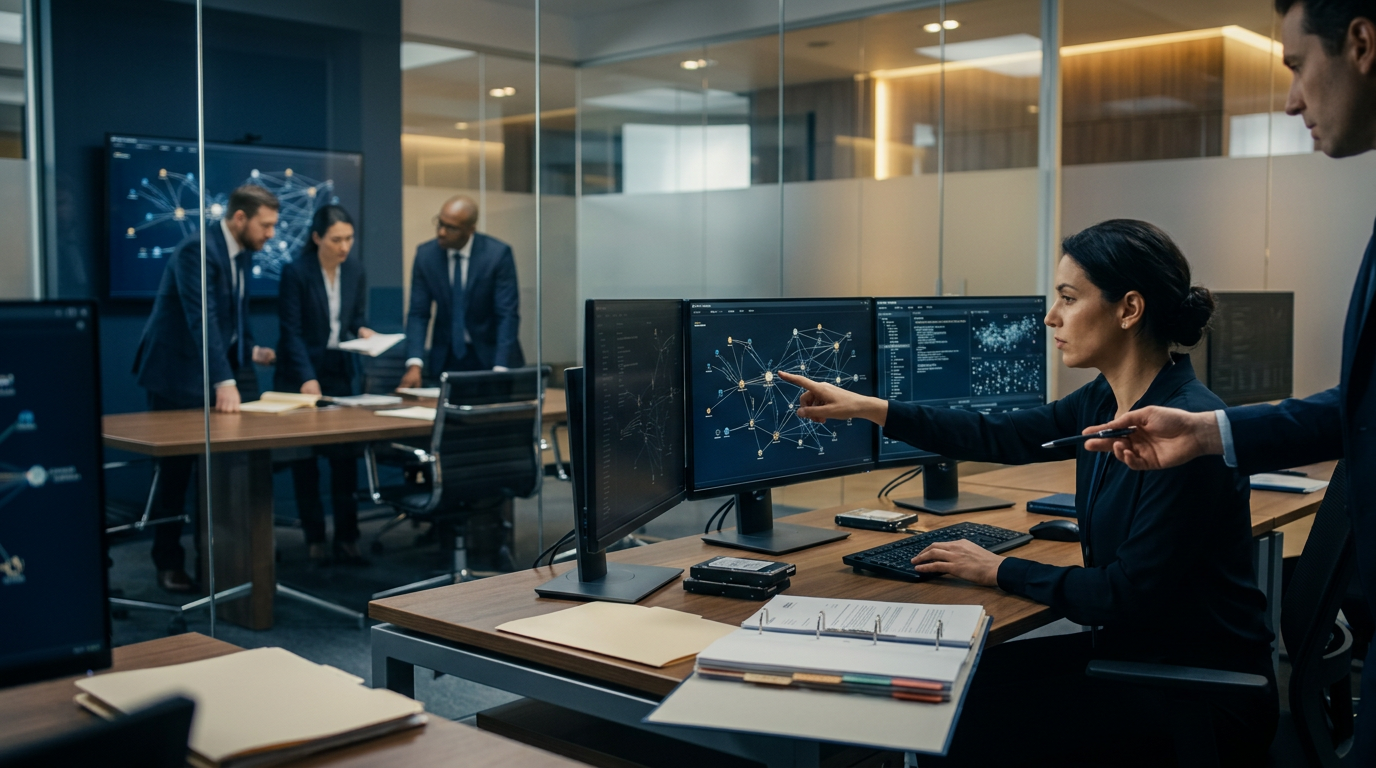 A forensic analyst reviewing transaction logs for a Binance scam report on dual monitors. A forensic analyst reviewing transaction logs for a Binance scam report on dual monitors.