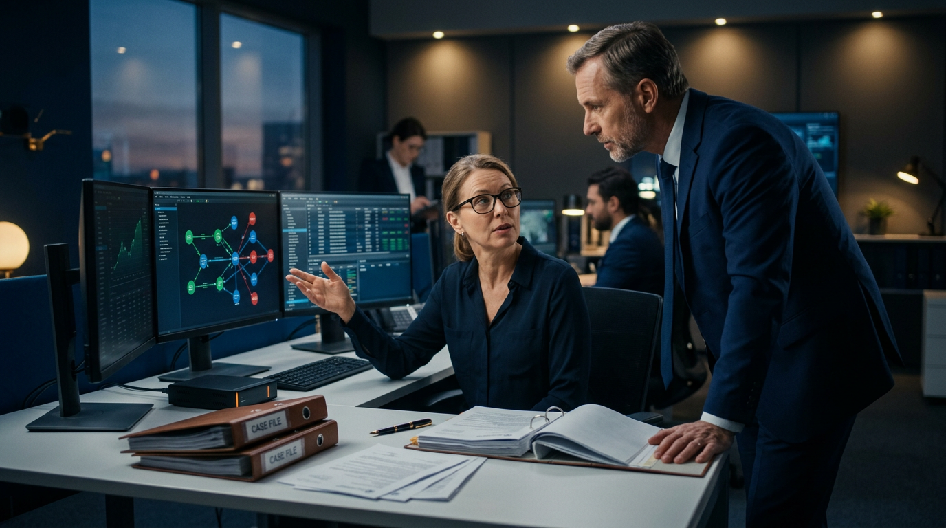 Analyst reviewing transaction graphs showing blockchain analytics tools limitations in a legal forensic studio.