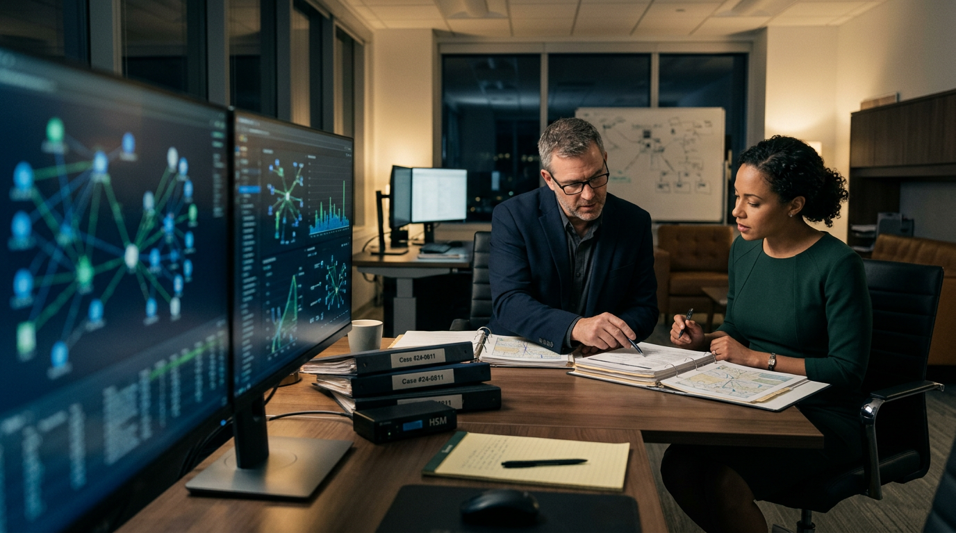 Aegis Financial Forensics analysts collaborating on a cryptocurrency fraud tracing case — blockchain analytics tools limitati Aegis Financial Forensics analysts collaborating on a cryptocurrency fraud tracing case — blockchain analytics tools limitati