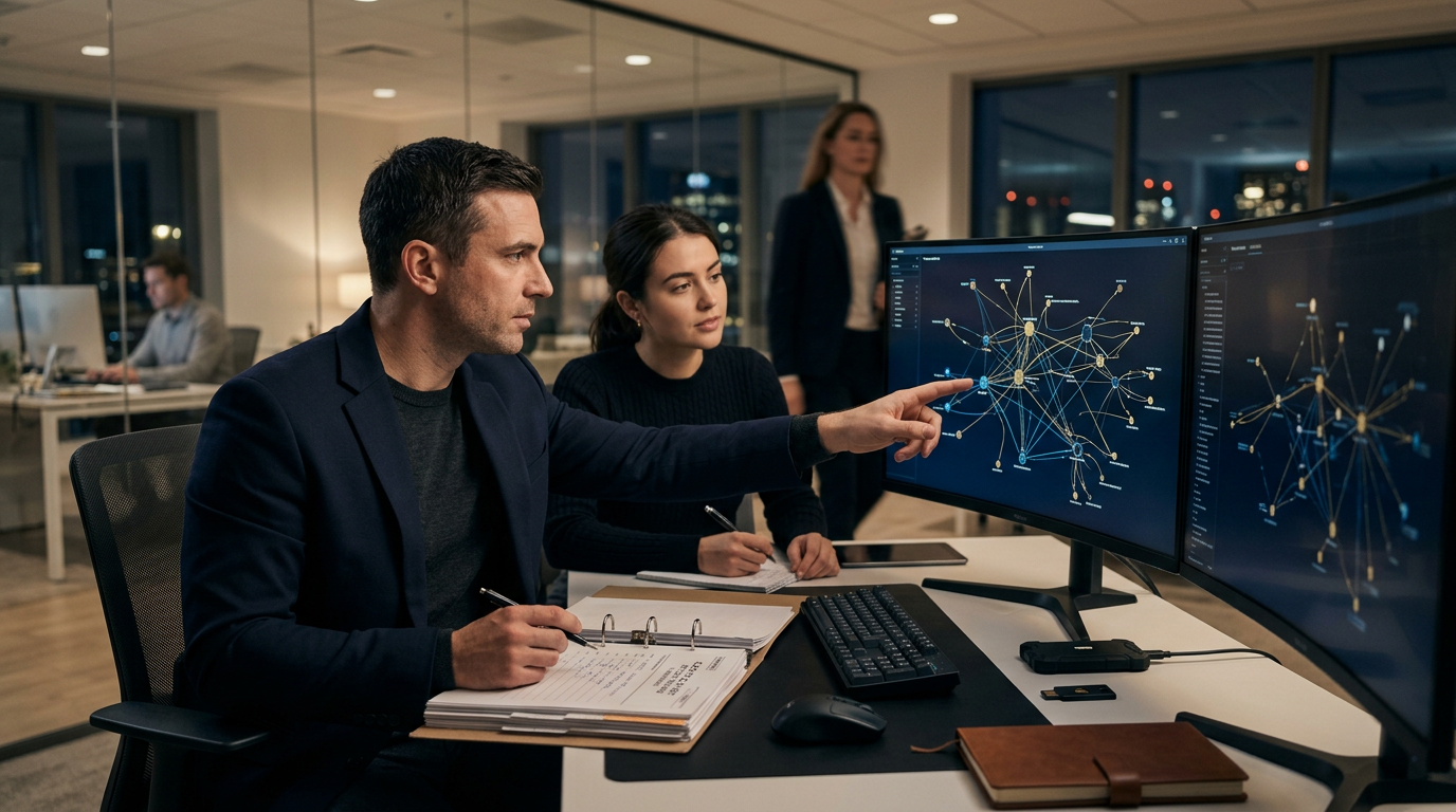 A forensic analyst performing blockchain forensics on a dual monitor setup for legal evidence. A forensic analyst performing blockchain forensics on a dual monitor setup for legal evidence.