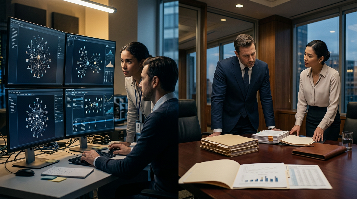 Investigators comparing blockchain forensics vs traditional financial investigation data on double-monitors in a legal boardr Investigators comparing blockchain forensics vs traditional financial investigation data on double-monitors in a legal boardr