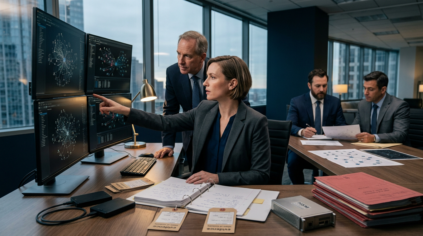 Senior investigator analyzing a complex blockchain forensics network graph on multiple dual monitors in a legal firm. Senior investigator analyzing a complex blockchain forensics network graph on multiple dual monitors in a legal firm.