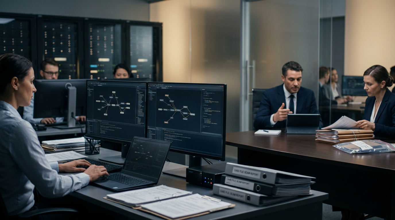 Financial forensics analyst reviewing a legal subpoena and Cash App scam reporting documentation on a dual-monitor setup Financial forensics analyst reviewing a legal subpoena and Cash App scam reporting documentation on a dual-monitor setup
