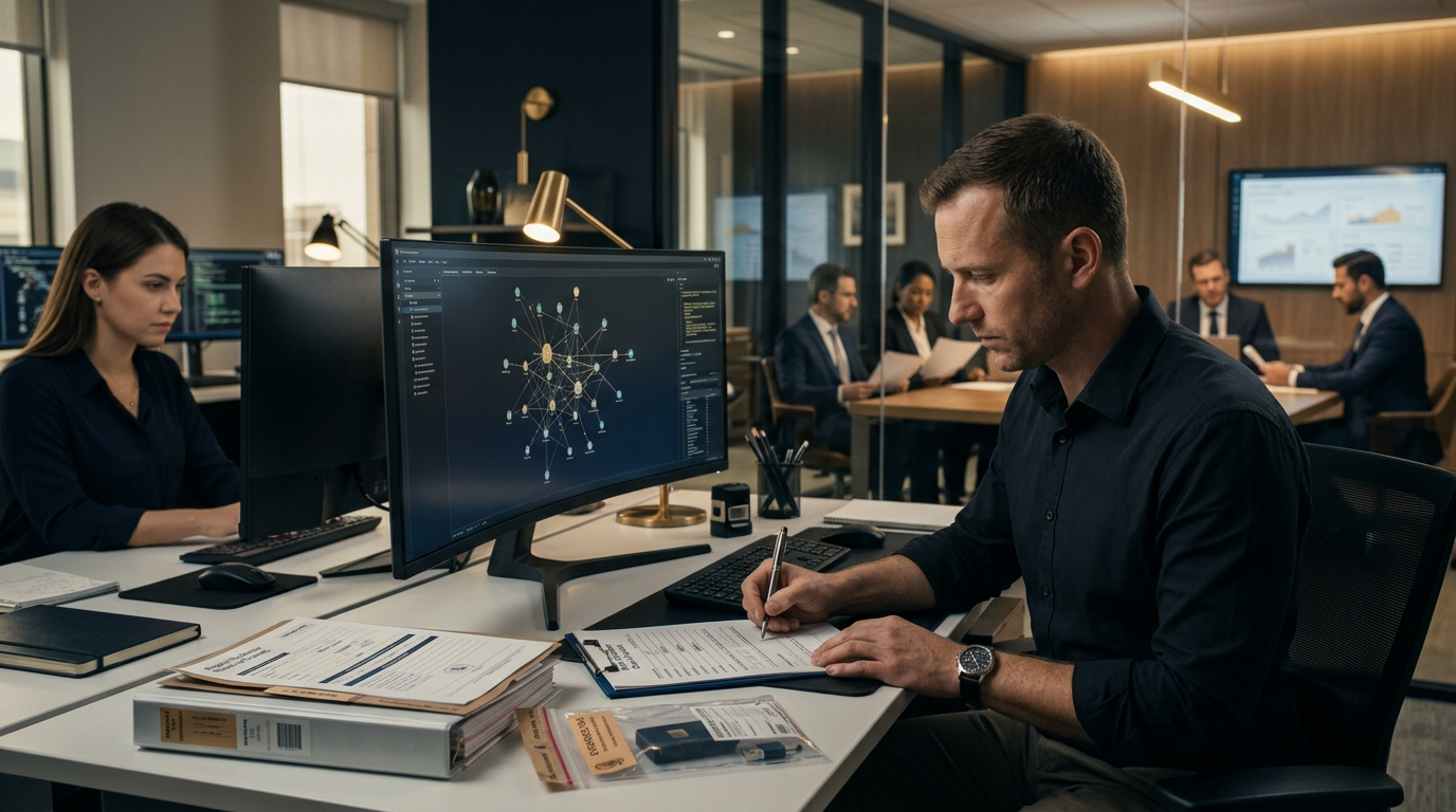 Forensic analyst documenting chain of custody digital evidence alongside blockchain transaction logs. Forensic analyst documenting chain of custody digital evidence alongside blockchain transaction logs.