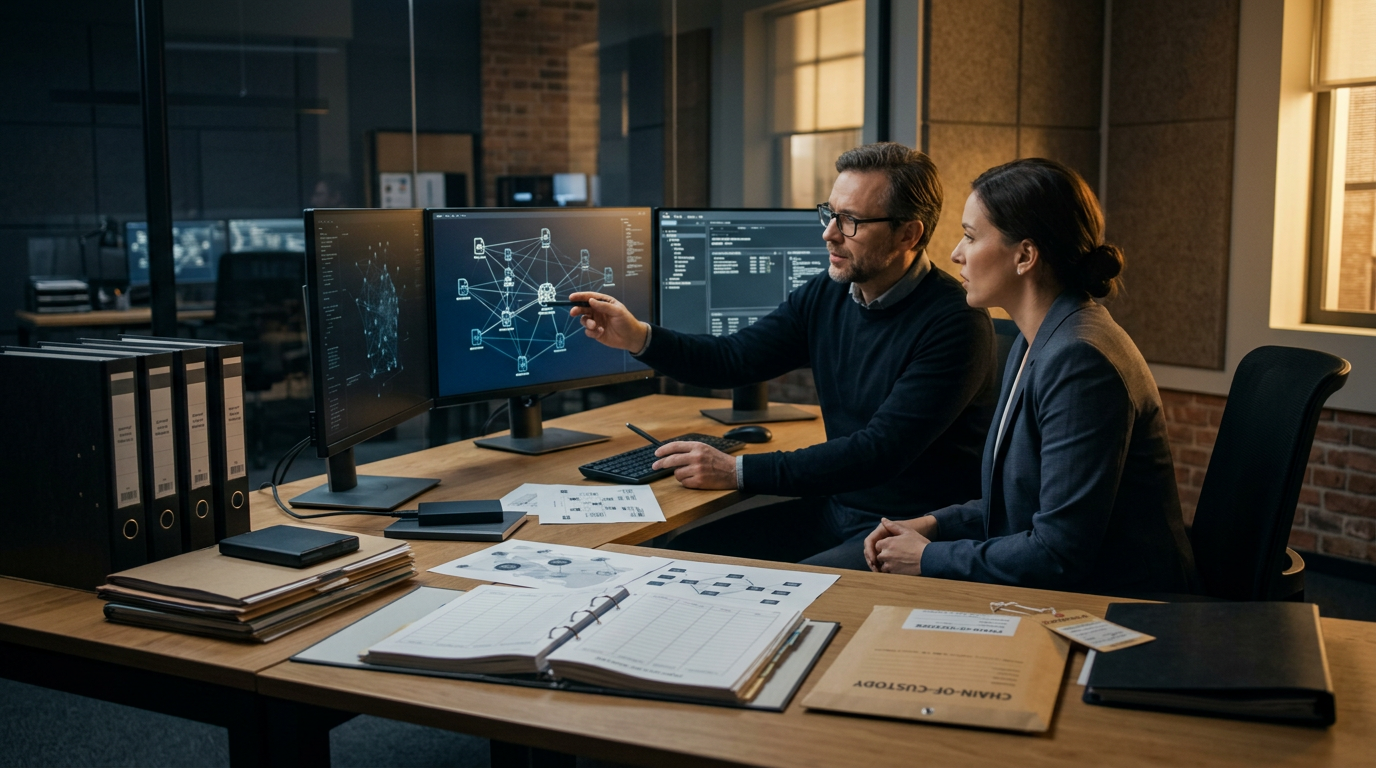 Courtroom setting for a civil cryptocurrency recovery hearing supported by blockchain forensic evidence — chainalysis report 