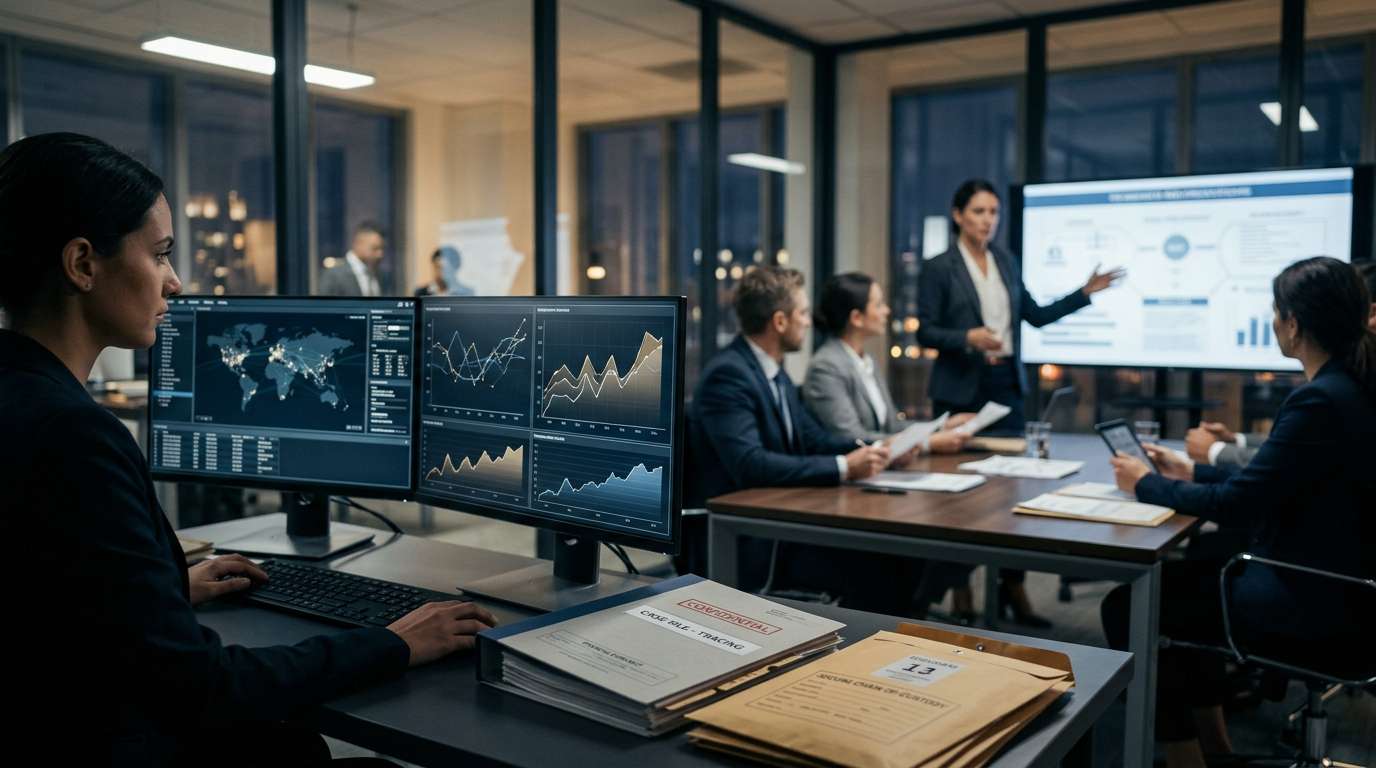 A legal investigator reviewing a complex chainalysis report on a workstation monitor in a corporate law firm. A legal investigator reviewing a complex chainalysis report on a workstation monitor in a corporate law firm.