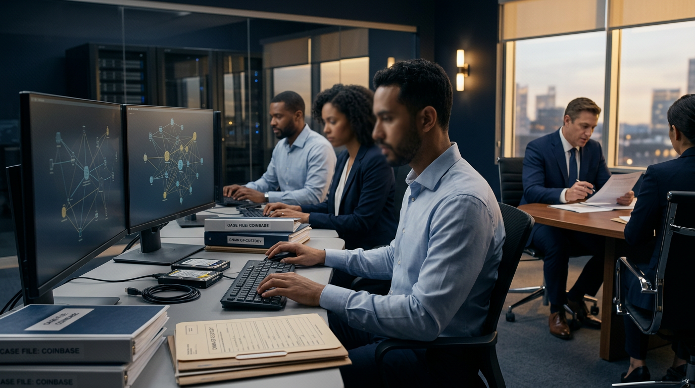 Forensic analyst performing Coinbase scam reporting investigation and tracing stolen digital assets on screen Forensic analyst performing Coinbase scam reporting investigation and tracing stolen digital assets on screen