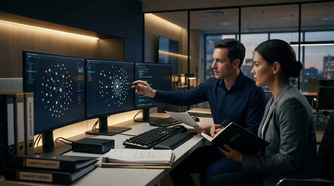 Forensic analyst examining complex corporate crypto embezzlement blockchain transactions on dual monitors Forensic analyst examining complex corporate crypto embezzlement blockchain transactions on dual monitors