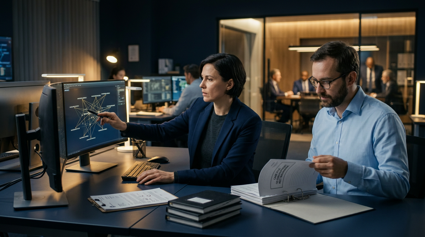 A forensic analyst reviewing transaction graphs tied to crypto affiliate recruitment fraud on a monitor.