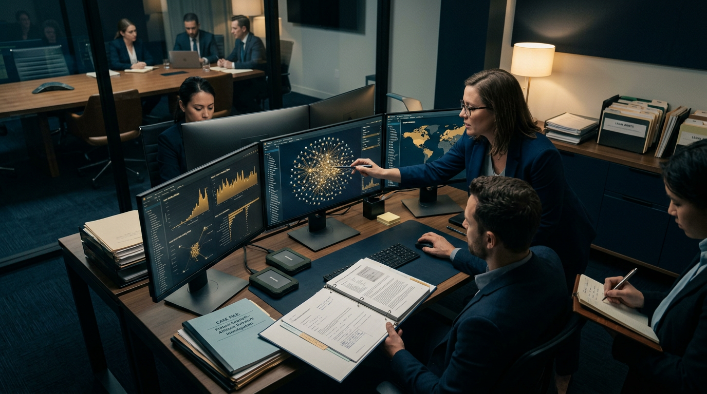 Aegis Financial Forensics analysts collaborating on a cryptocurrency fraud tracing case — crypto affiliate recruitment fraud 