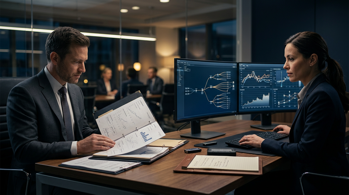 Forensic analyst examining crypto arbitration evidence on dual monitors with blockchain transaction trees.