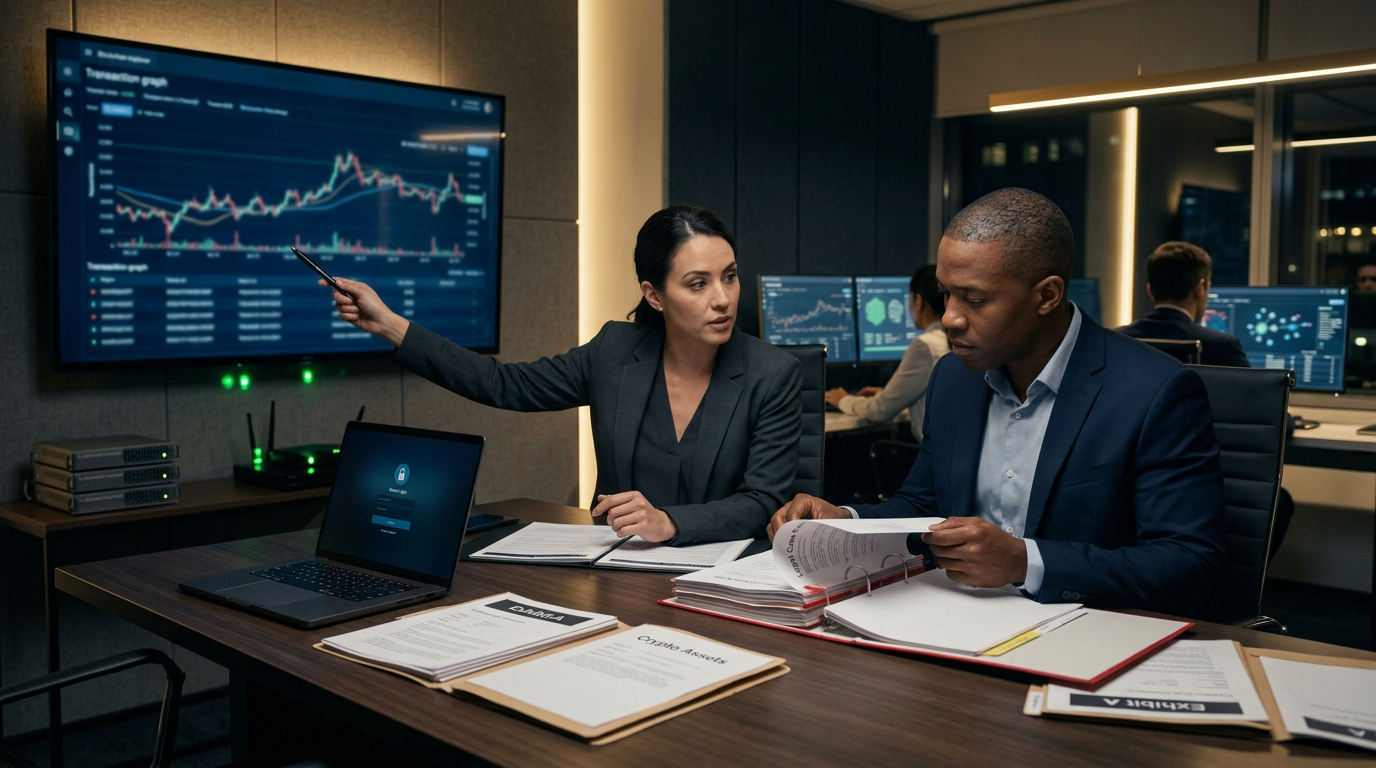 Blockchain forensic analyst tracing stolen cryptocurrency transactions across exchanges and mixers — crypto asset freezing or