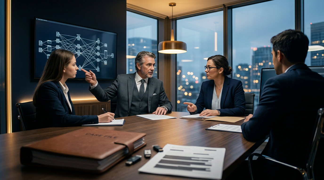 A legal team conducting crypto attorney selection while analyzing blockchain transaction evidence. A legal team conducting crypto attorney selection while analyzing blockchain transaction evidence.