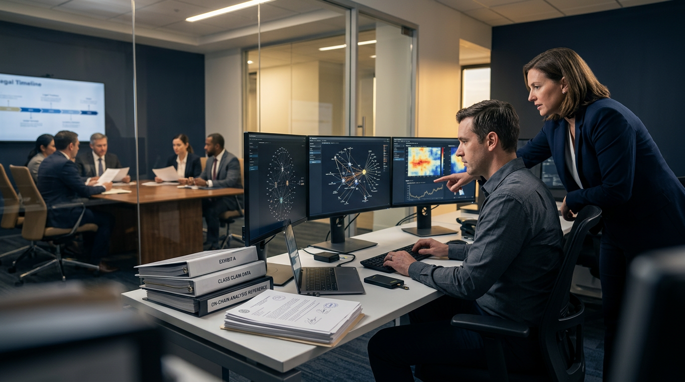 Forensic analyst compiling crypto class action evidence on digital screens with legal documents