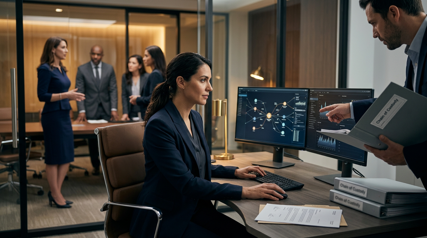 A legal team reviewing a crypto compliance program audit report inside a modern corporate boardroom.