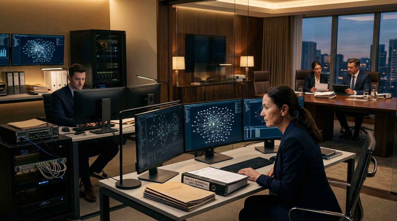 Forensic analyst performing crypto divorce asset tracing using blockchain visualization software and court filings.