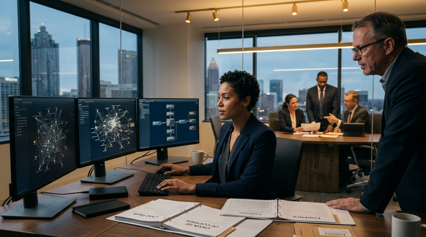 A crypto fraud investigator Atlanta specialist reviewing complex blockchain transaction graphs. A crypto fraud investigator Atlanta specialist reviewing complex blockchain transaction graphs.