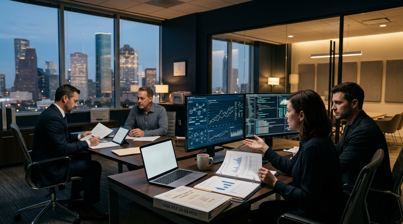 A professional crypto fraud investigator in Houston analyzing complex blockchain wallet transaction graphs on a secure workst A professional crypto fraud investigator in Houston analyzing complex blockchain wallet transaction graphs on a secure workst