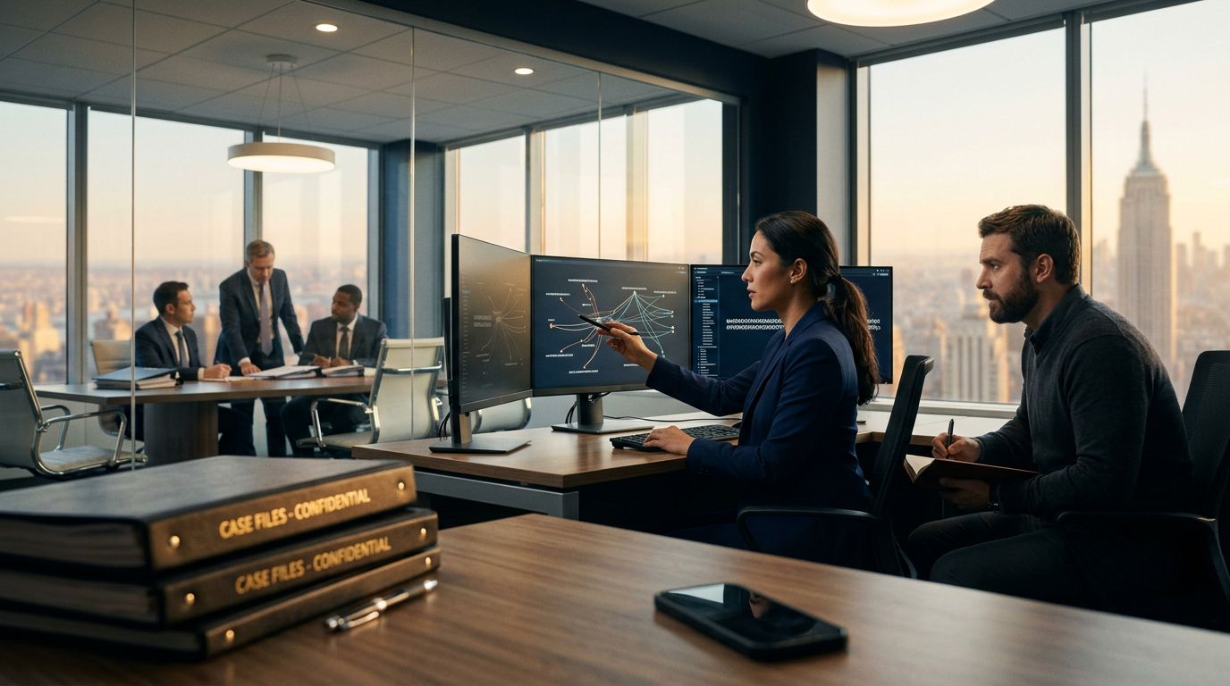 A crypto fraud investigator New York analyst reviewing blockchain transaction trees in a Manhattan office. A crypto fraud investigator New York analyst reviewing blockchain transaction trees in a Manhattan office.