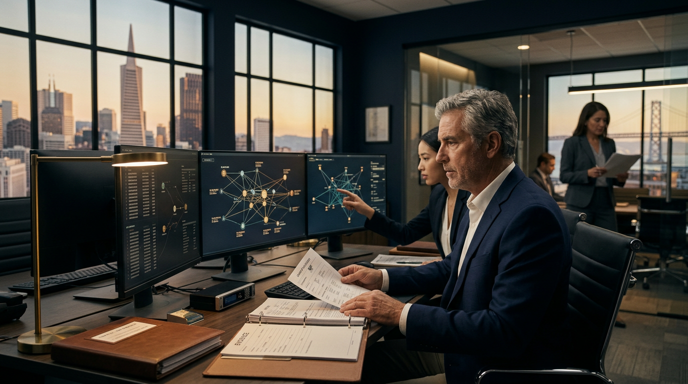 A crypto fraud investigator San Francisco analyst reviewing wallet clusters and financial data screens. A crypto fraud investigator San Francisco analyst reviewing wallet clusters and financial data screens.