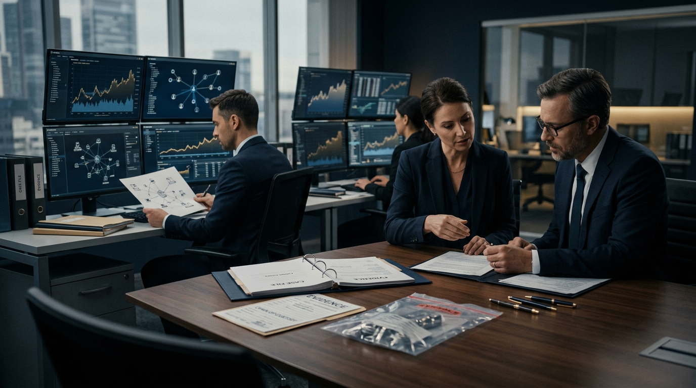 Forensic investigator analyzing a crypto loan collateral scam transaction flow on a high-resolution display.