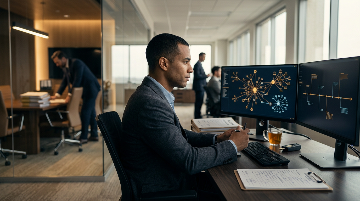 Forensic analyst investigating a crypto mining scam transaction graph on a desktop screen.
