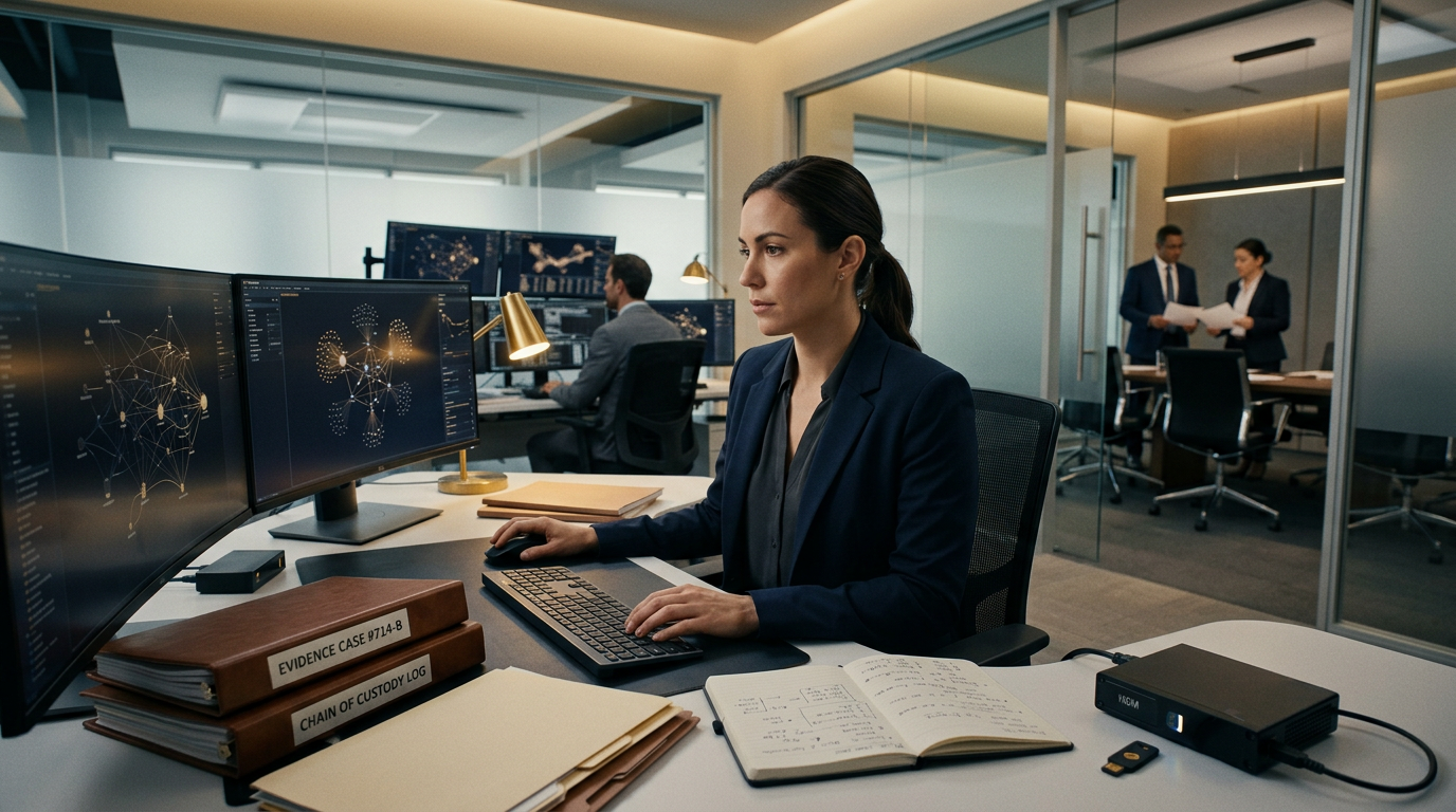 A forensic analyst reviewing transaction logs detailing crypto mixer legal risk on a dual-monitor setup.