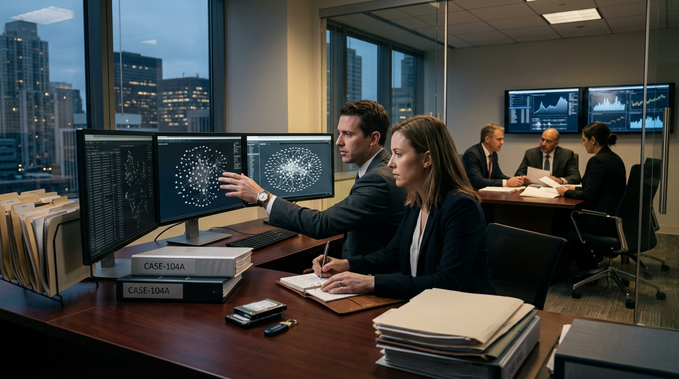 Financial investigator analyzing merchant settlement rails and tracing crypto payment processor fraud on dual monitors.