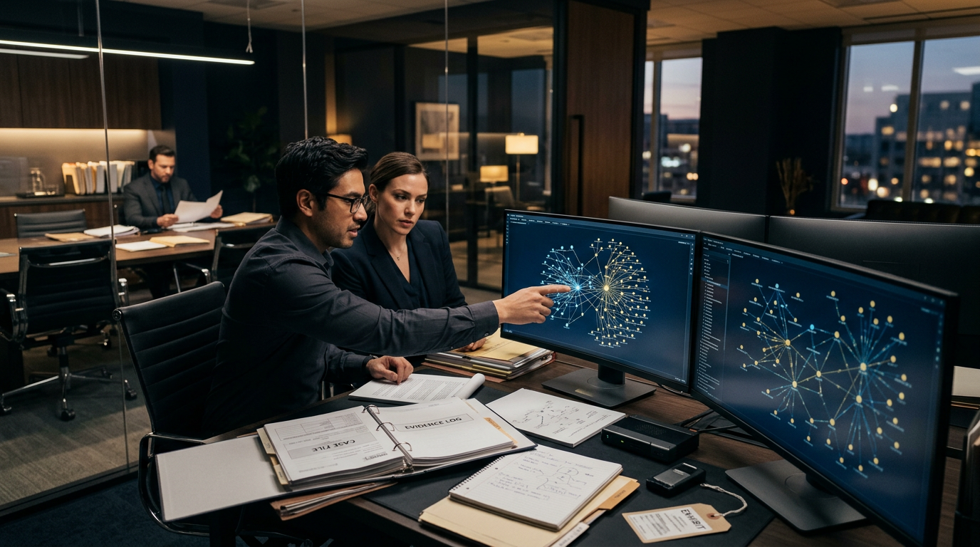 Blockchain investigator auditing wallet flows to detect a crypto ponzi scheme structure.