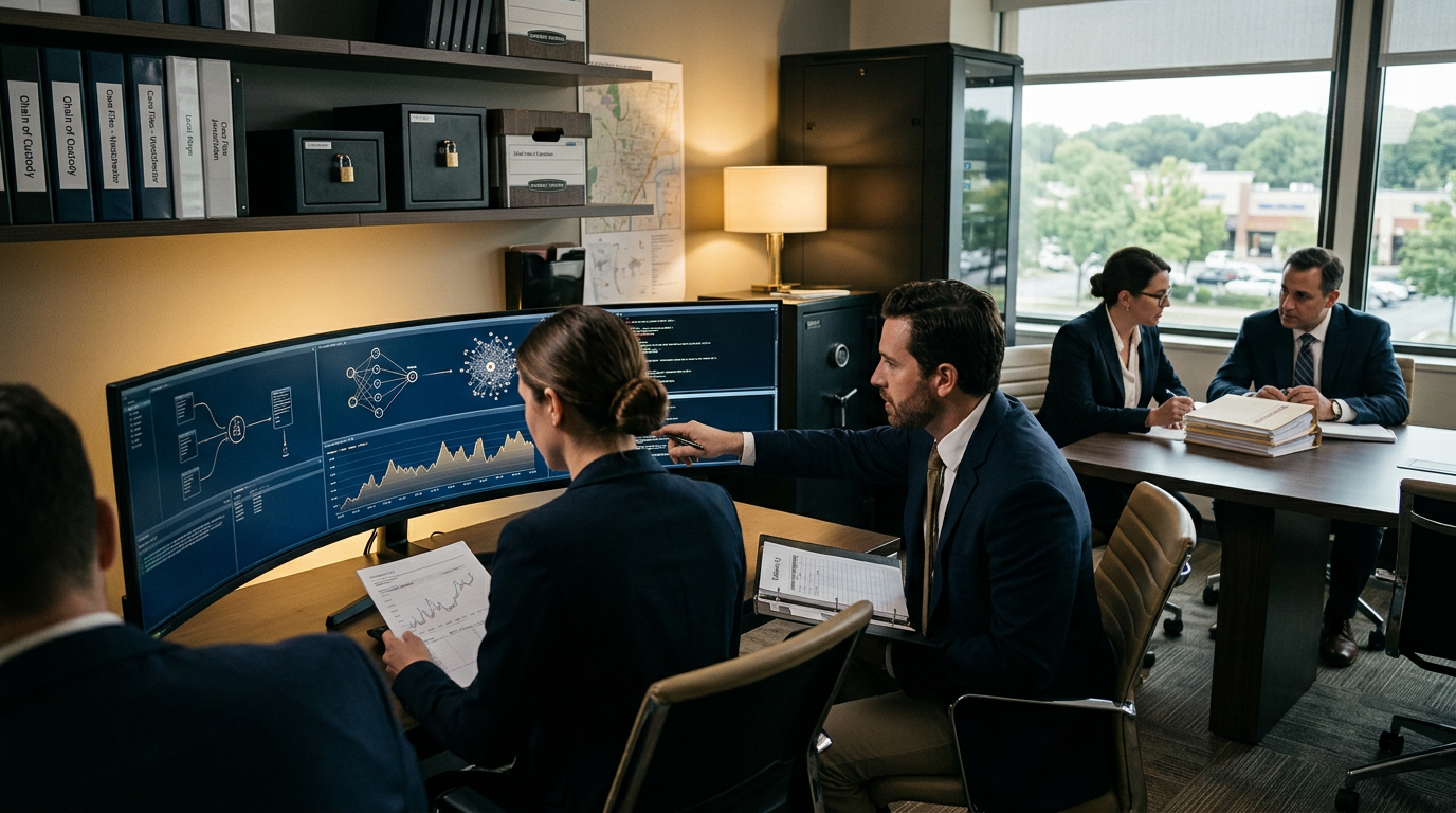 Courtroom setting for a civil cryptocurrency recovery hearing supported by blockchain forensic evidence — crypto recovery nea