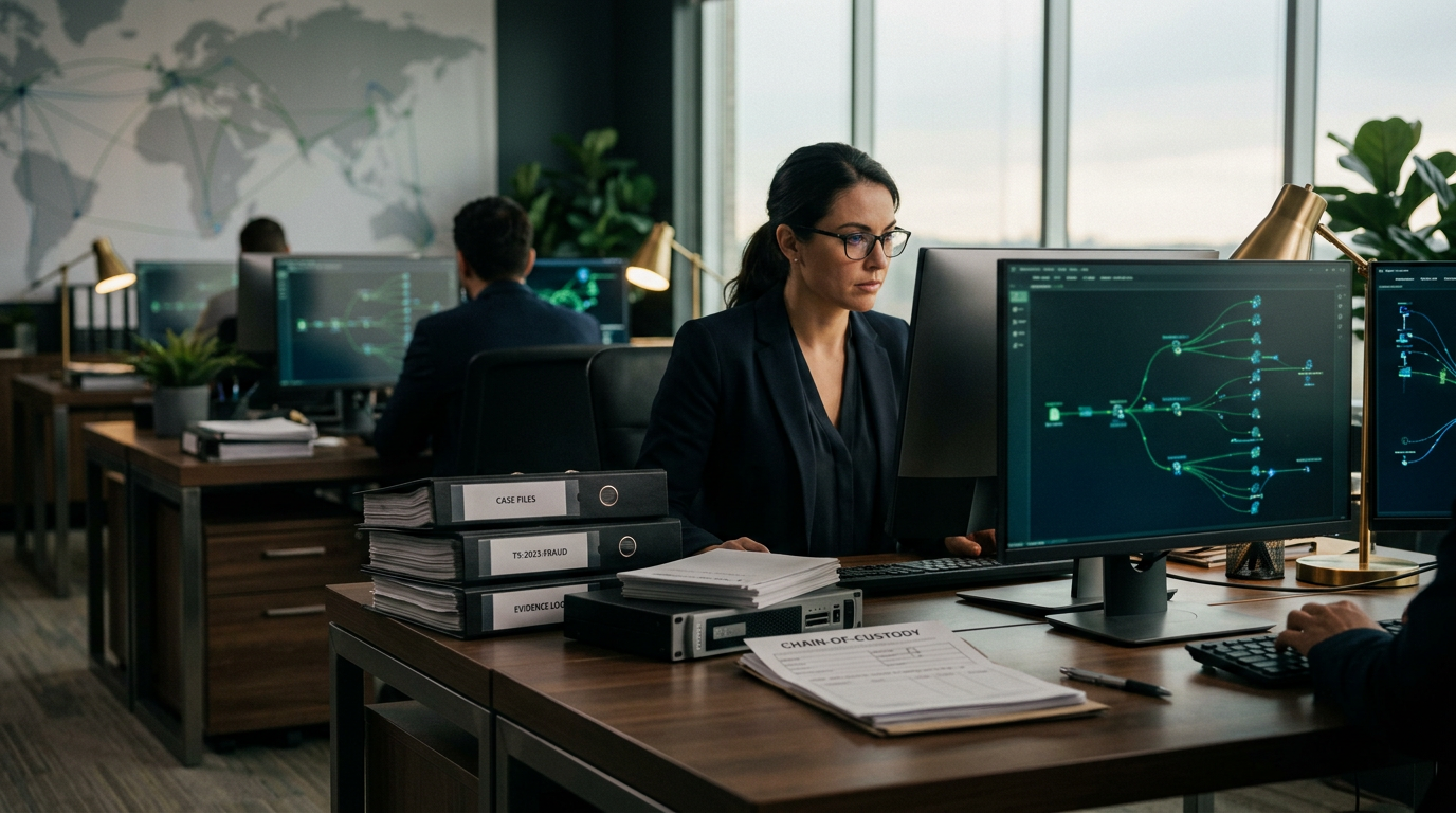 Aegis Financial Forensics analysts collaborating on a cryptocurrency fraud tracing case — crypto recovery service Austin inve