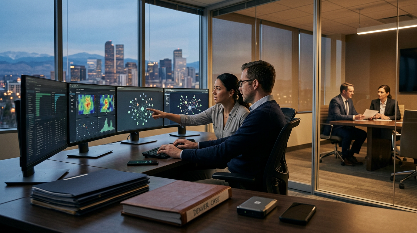 A financial forensic investigator reviewing blockchain transaction nodes on a screen for a crypto recovery service Denver cas A financial forensic investigator reviewing blockchain transaction nodes on a screen for a crypto recovery service Denver cas