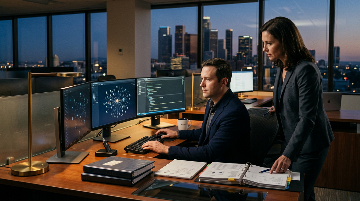 Blockchain forensic investigator analyzing transaction graph for a crypto recovery service Los Angeles case. Blockchain forensic investigator analyzing transaction graph for a crypto recovery service Los Angeles case.