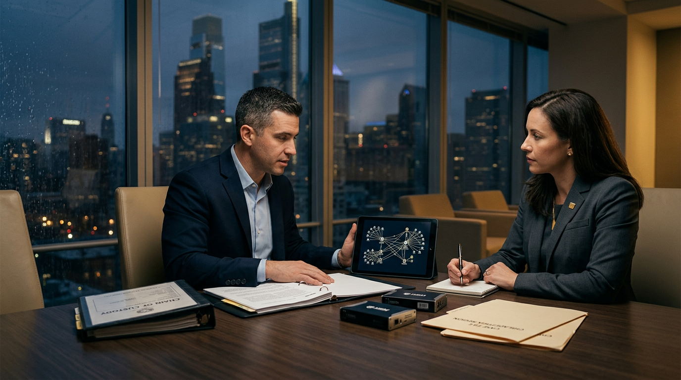 Confidential consultation between a crypto fraud victim and a blockchain forensics analyst — crypto recovery service Philadel