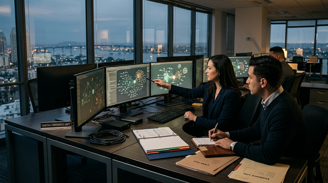 Blockchain forensic investigator reviewing transaction maps for a crypto recovery service San Diego matter. Blockchain forensic investigator reviewing transaction maps for a crypto recovery service San Diego matter.